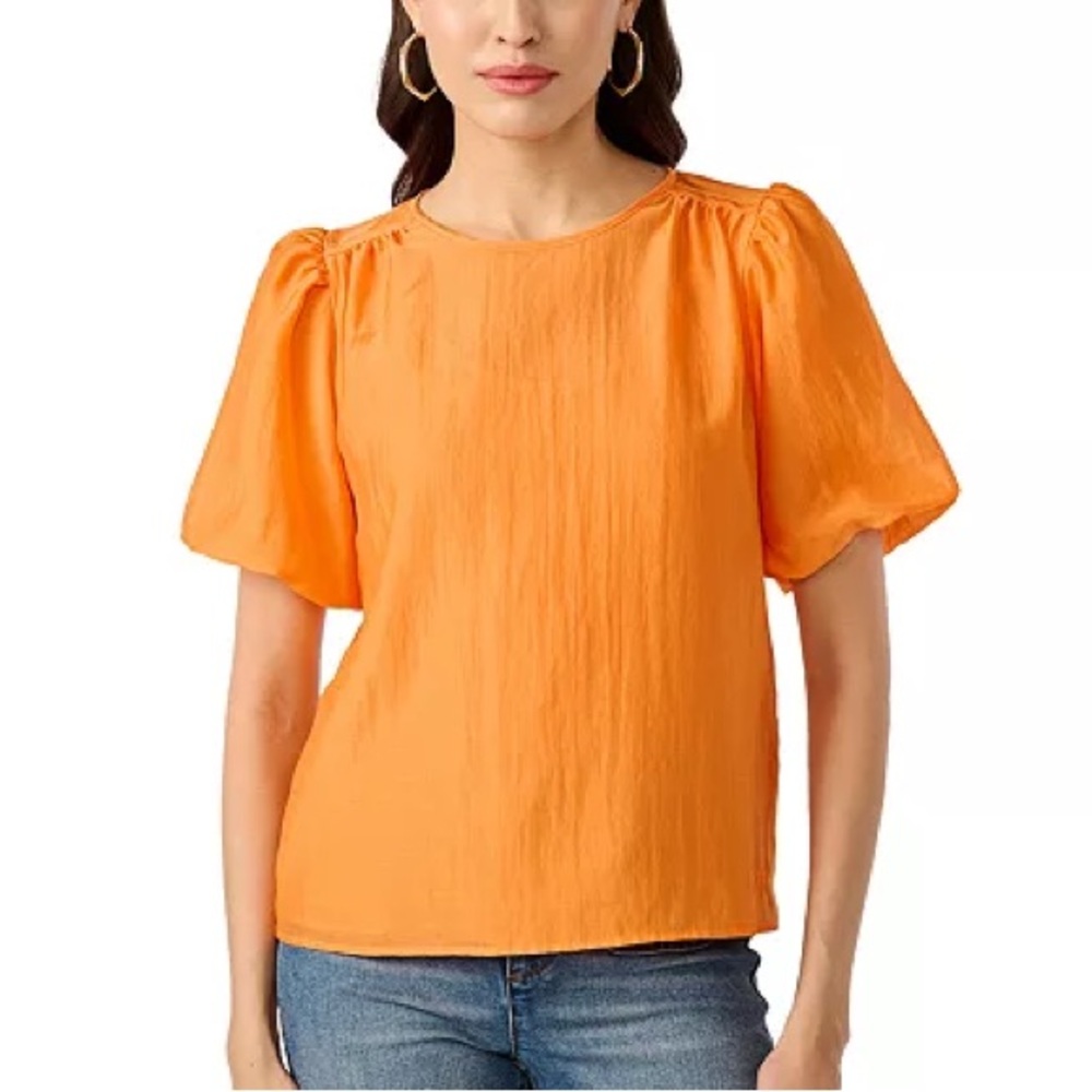 Karl‎ Lagerfield Orange Puff-Sleeve Short Sleeve Crew Neck Top